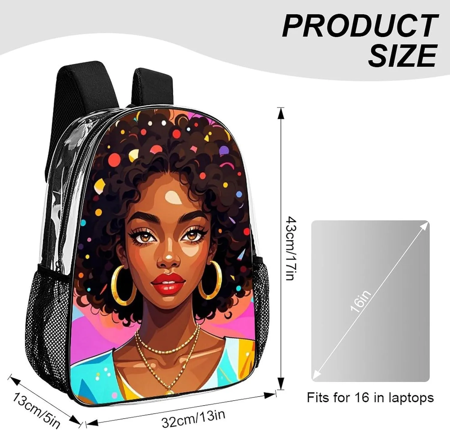 Men & Women Lightweight Chic Cartoon Black Woman African American Women Art Casual Daypack Large Capacity Bookbag Transparent Bag for Gym Business Bicycle