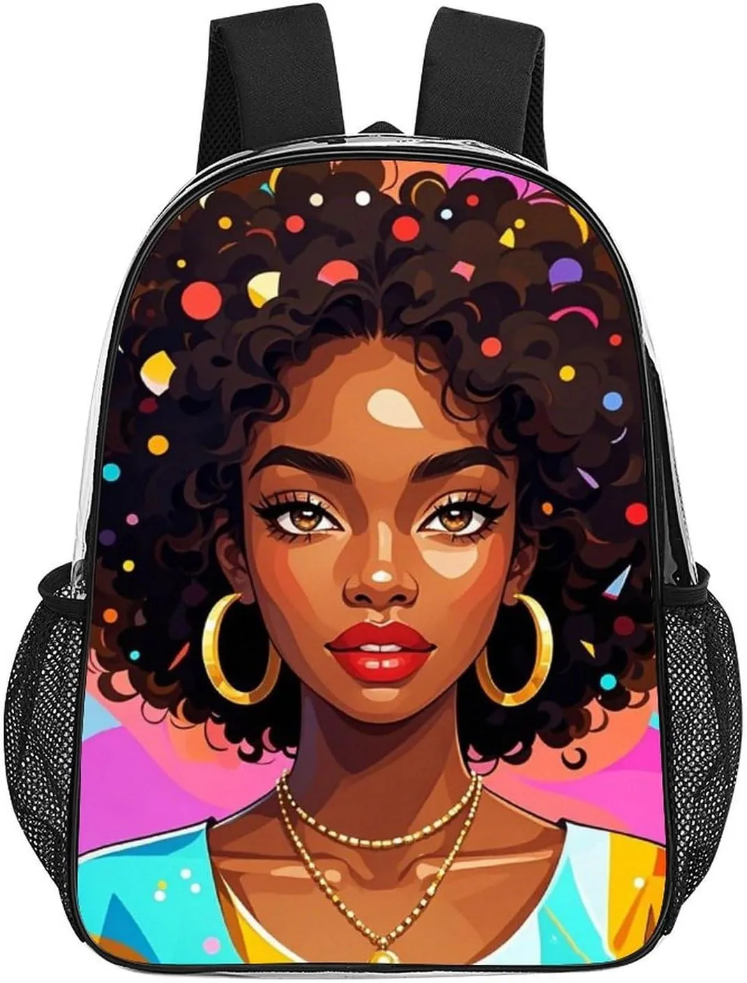 Men & Women Lightweight Chic Cartoon Black Woman African American Women Art Casual Daypack Large Capacity Bookbag Transparent Bag for Gym Business Bicycle