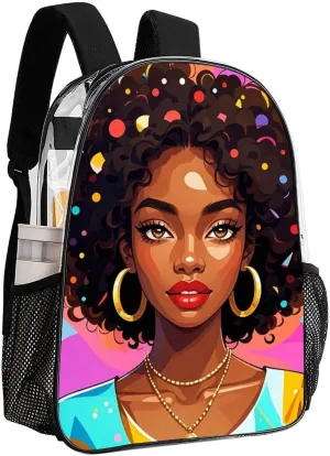 Men & Women Lightweight Chic Cartoon Black Woman African American Women Art Casual Daypack Large Capacity Bookbag Transparent Bag for Gym Business Bicycle