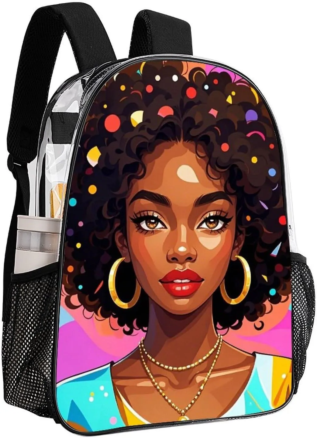 Men & Women Lightweight Chic Cartoon Black Woman African American Women Art Casual Daypack Large Capacity Bookbag Transparent Bag for Gym Business Bicycle