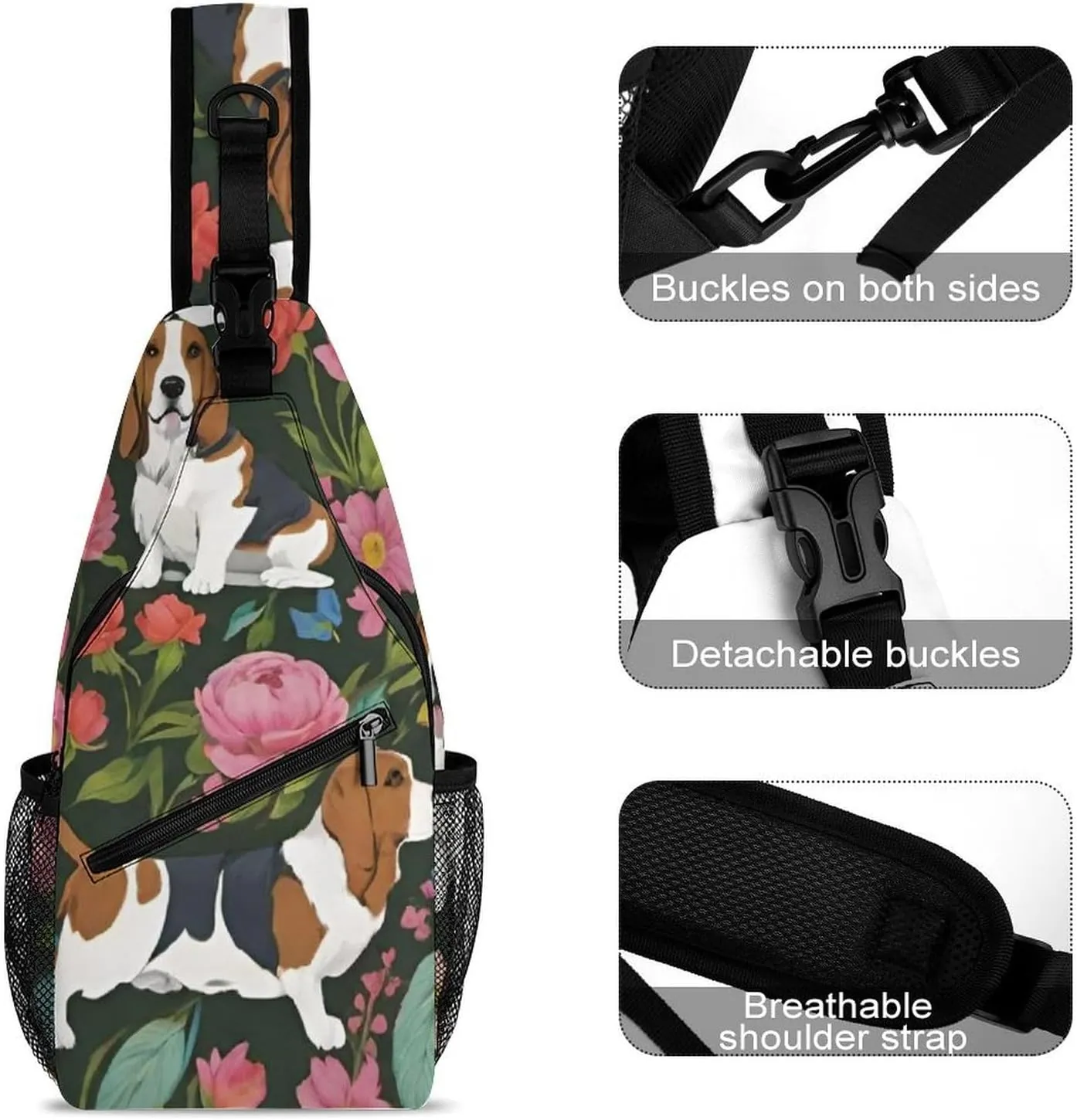Men & Women Travel Backpack Camping Outdoor Bag, Basset Hound Dog Flower Art Sling Backpack for Business Travel Hiking - Durable Carry On Bag