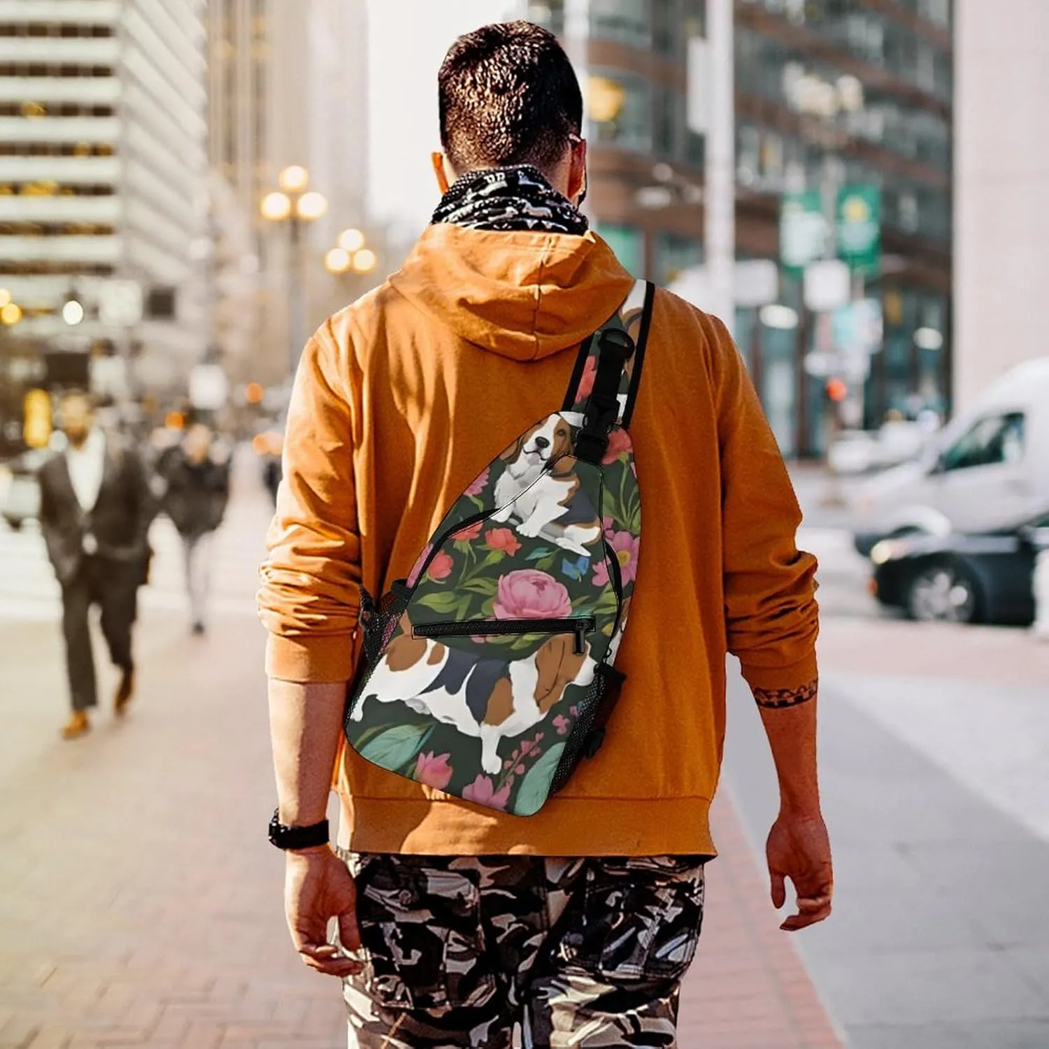 Men & Women Travel Backpack Camping Outdoor Bag, Basset Hound Dog Flower Art Sling Backpack for Business Travel Hiking - Durable Carry On Bag