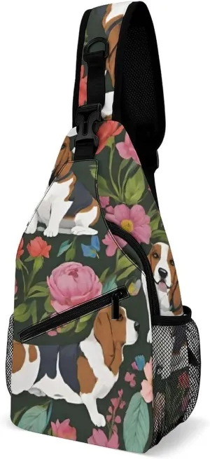 Men & Women Travel Backpack Camping Outdoor Bag, Basset Hound Dog Flower Art Sling Backpack for Business Travel Hiking - Durable Carry On Bag