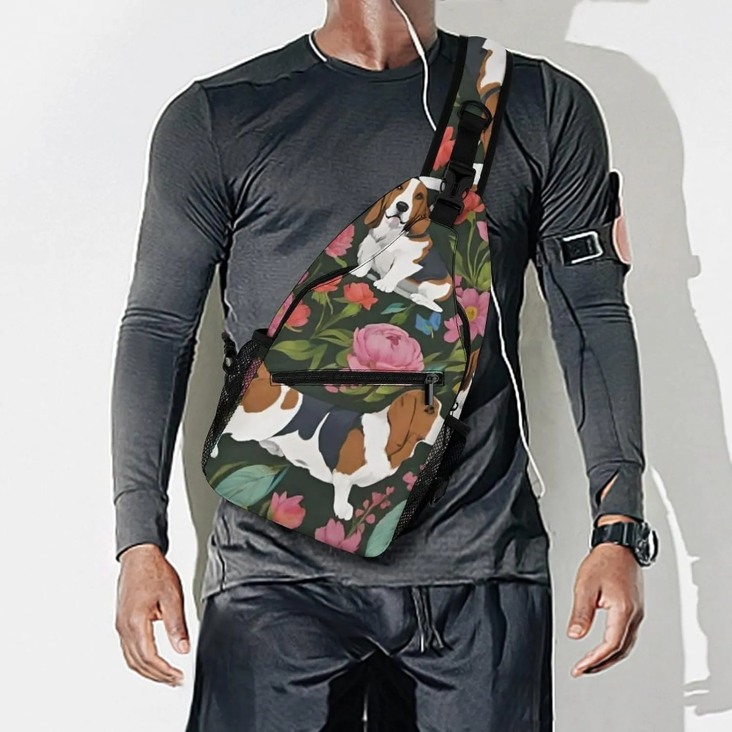 Men & Women Travel Backpack Camping Outdoor Bag, Basset Hound Dog Flower Art Sling Backpack for Business Travel Hiking - Durable Carry On Bag