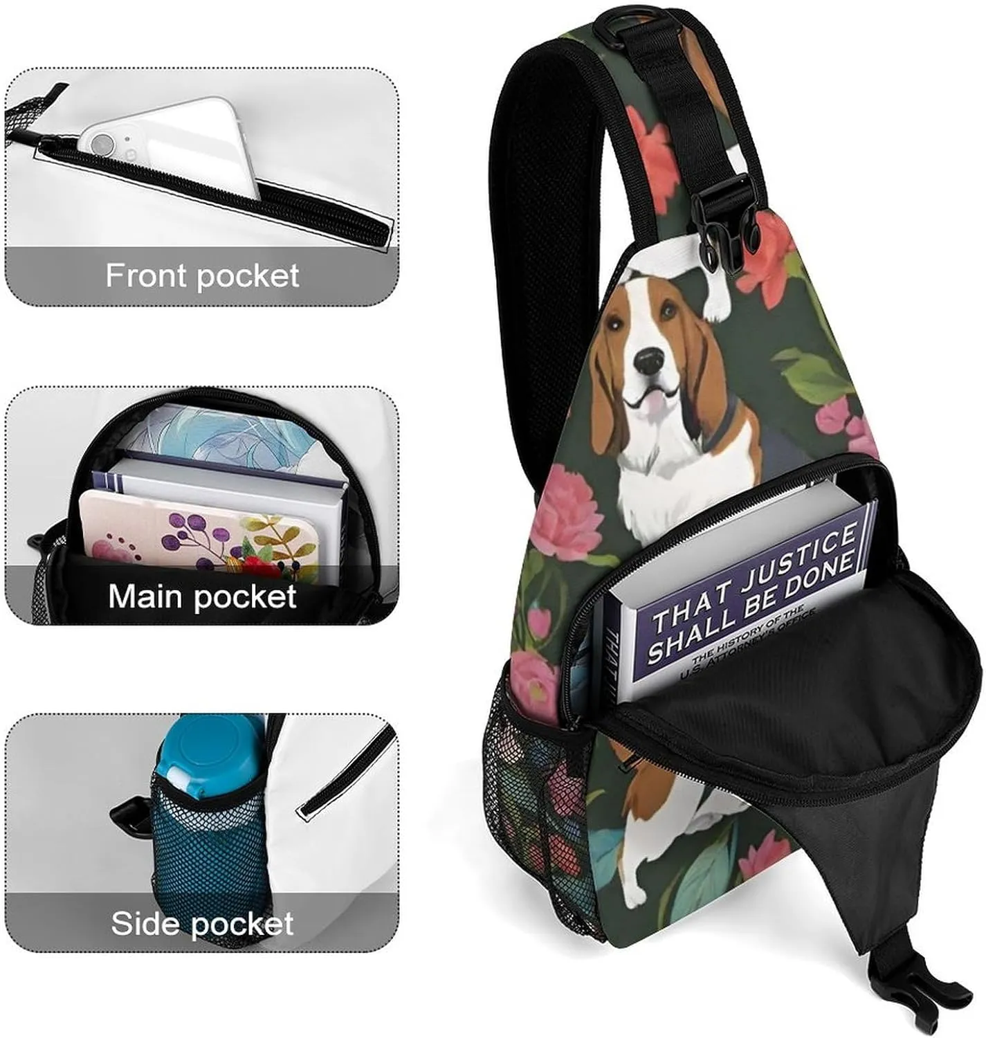 Men & Women Travel Backpack Camping Outdoor Bag, Basset Hound Dog Flower Art Sling Backpack for Business Travel Hiking - Durable Carry On Bag
