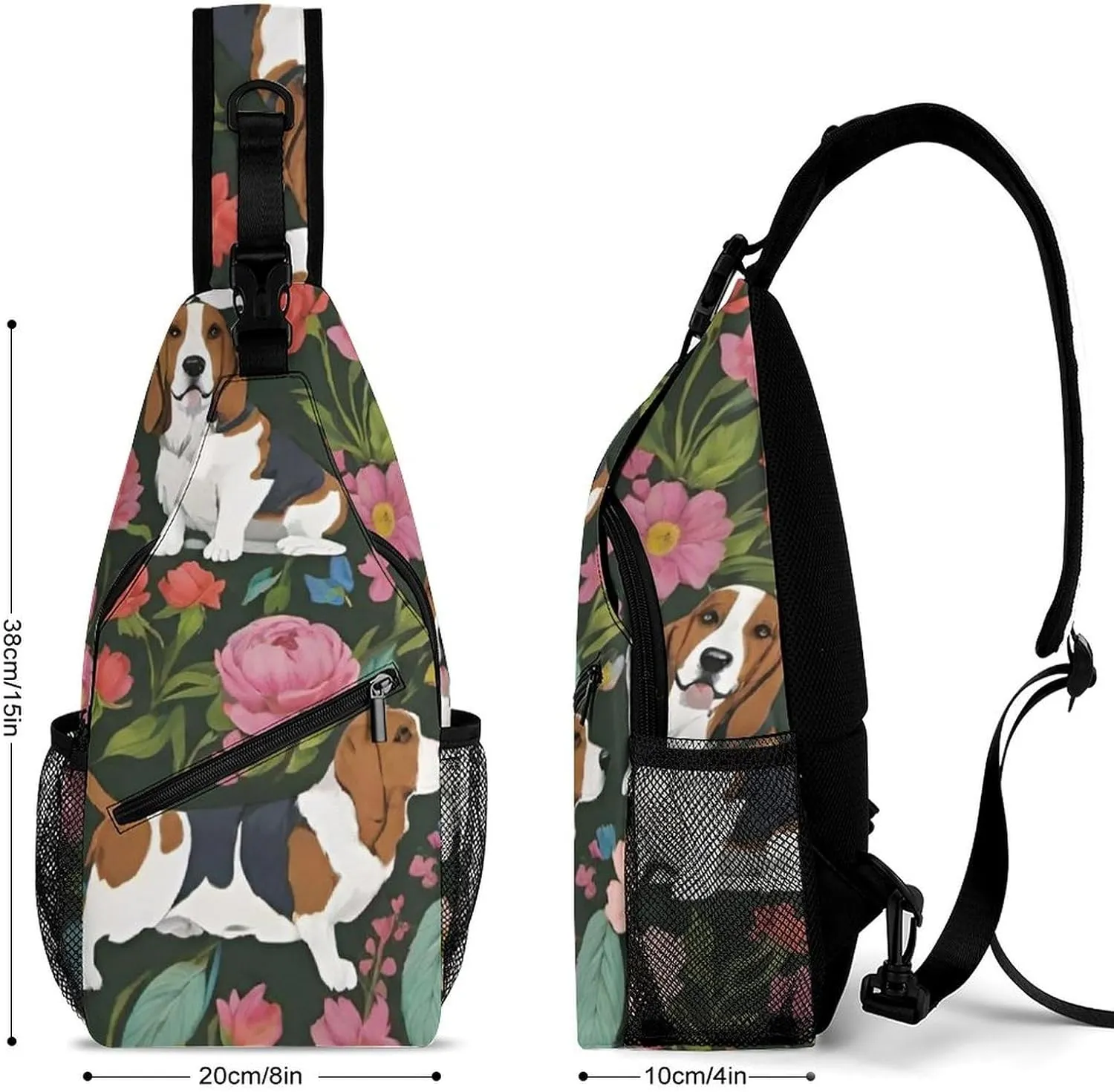 Men & Women Travel Backpack Camping Outdoor Bag, Basset Hound Dog Flower Art Sling Backpack for Business Travel Hiking - Durable Carry On Bag
