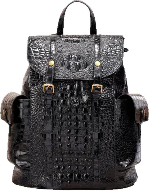Men Genuine Alligator Crocodile Leather Backpack Business Travel Hiking Shoulder Backpack Large Capacity Laptop Backpack (Black)