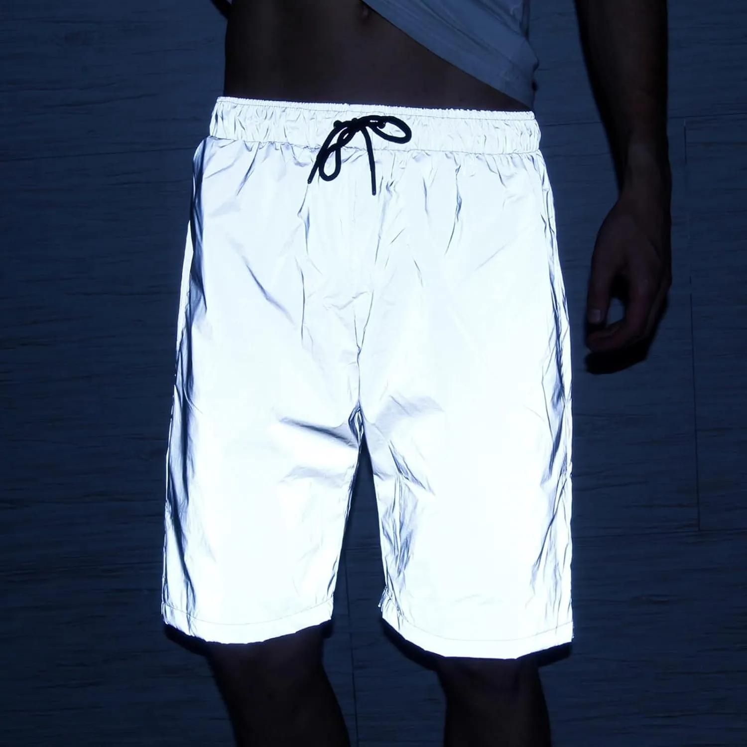 Men Reflective Shorts Pants Night Glow Fluorescent Jogger Casual Running Pockets Shorts with Drawstring