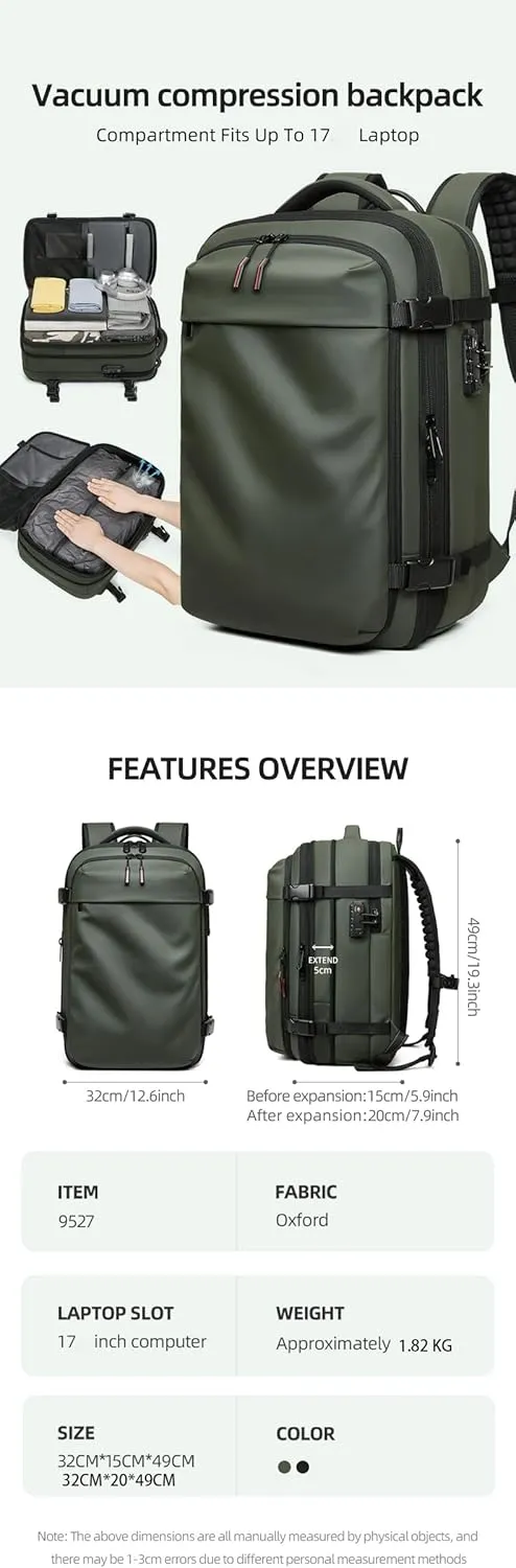 Men Travel Backpack vacuum compression Laptop Backpack Large Capacity Backpack 17 inch Extended Hiking Business backpack (Military Green)