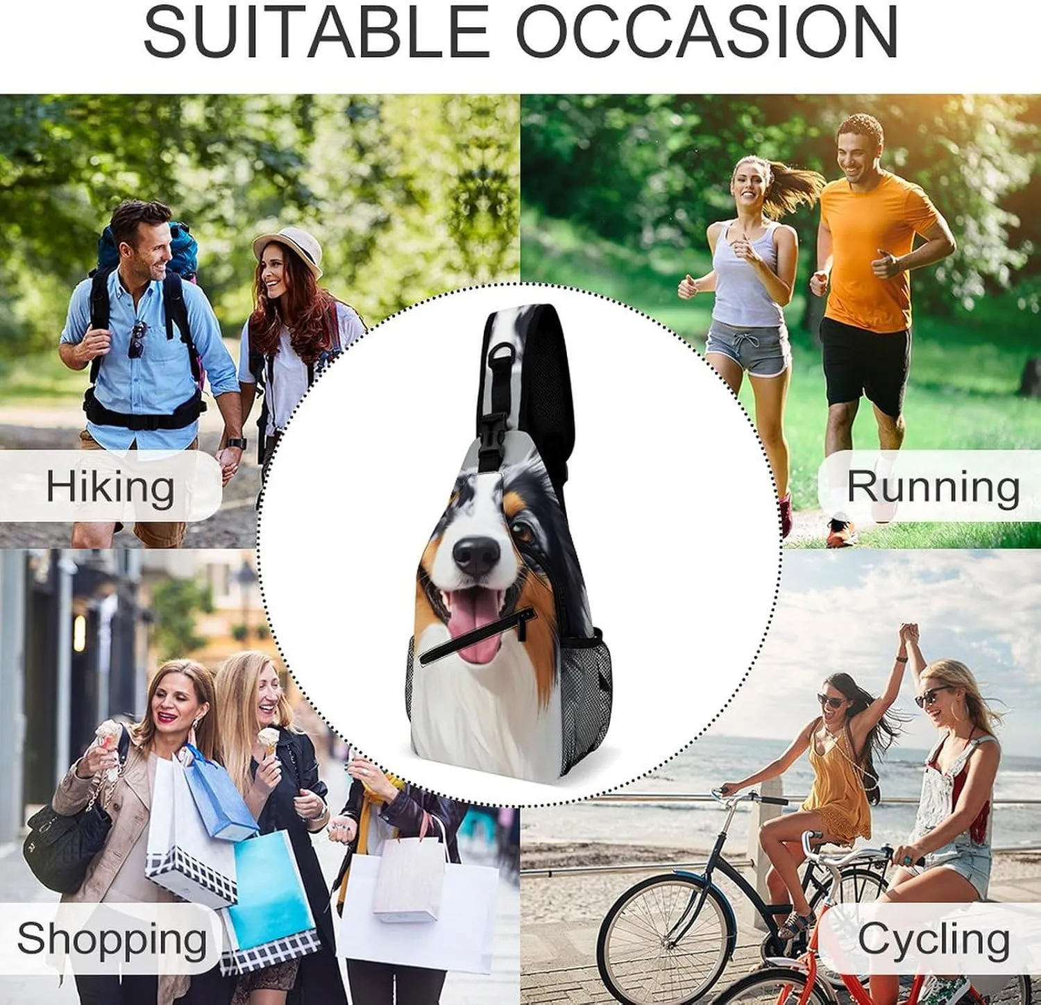 Men Women Crossbody Chest Bag, Gym Shoulder Bag with Adjustable Strap, Animal Australian Shepherd Large Sling Daypack for Hiking Sports Travel