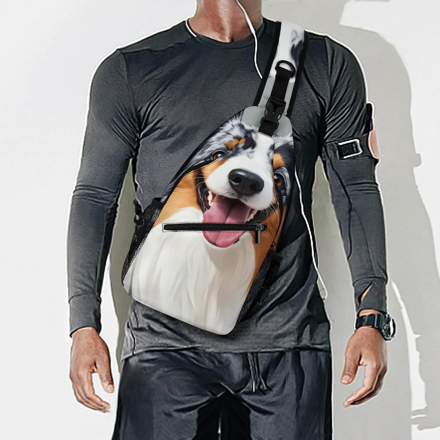 Men Women Crossbody Chest Bag, Gym Shoulder Bag with Adjustable Strap, Animal Australian Shepherd Large Sling Daypack for Hiking Sports Travel
