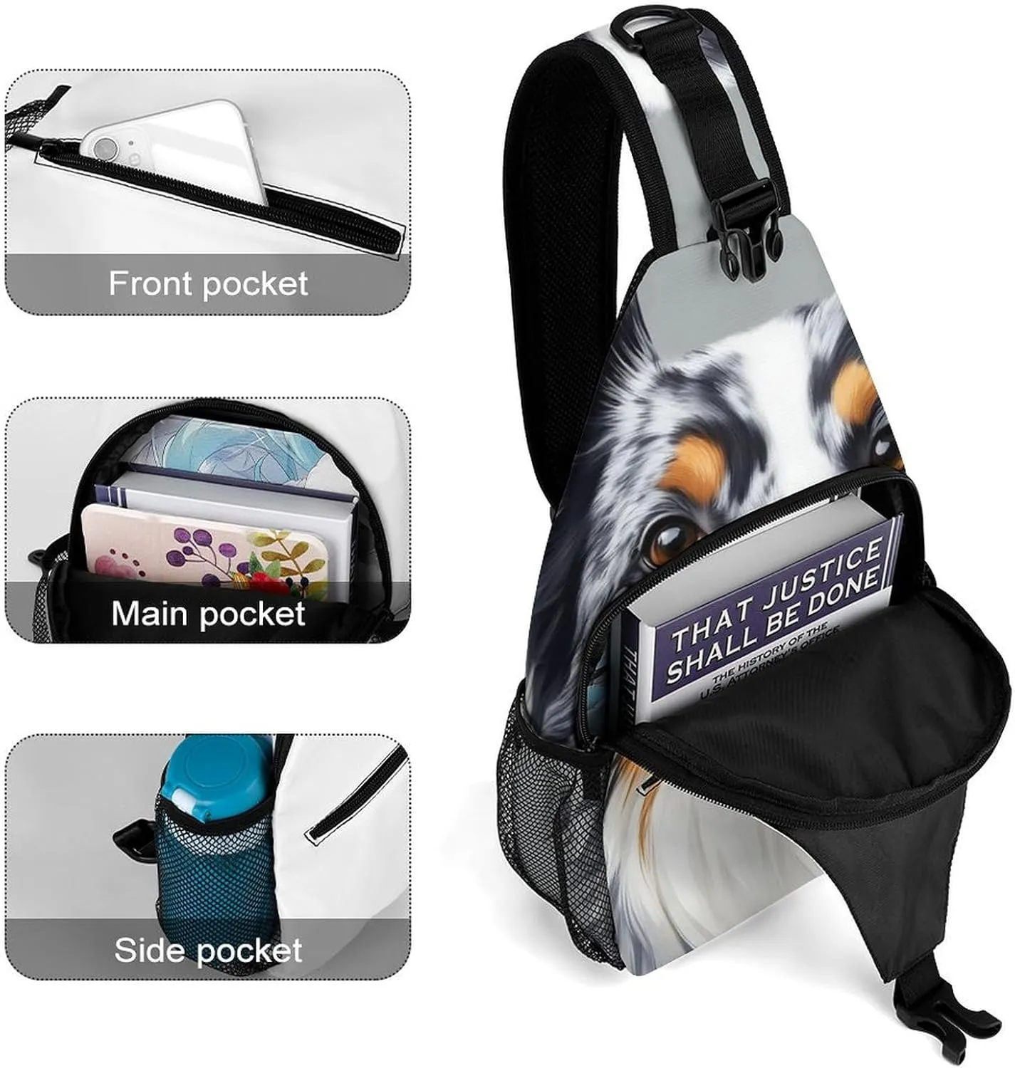 Men Women Crossbody Chest Bag, Gym Shoulder Bag with Adjustable Strap, Animal Australian Shepherd Large Sling Daypack for Hiking Sports Travel