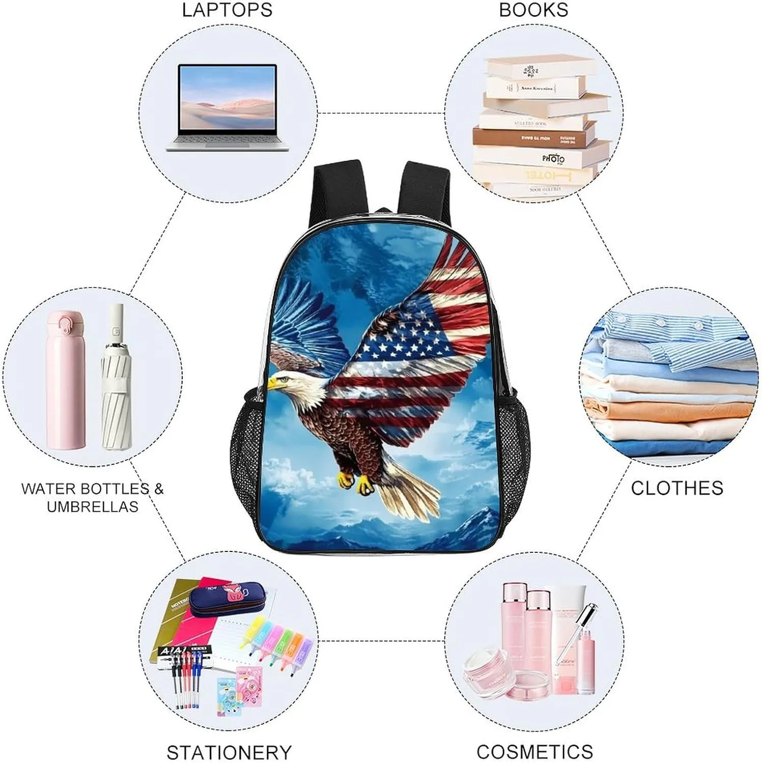 Men Women Lightweight American Flag Eagle Backpack Large Capacity Carry On Bag Transparent Bag for Sports Work Walking Cycling