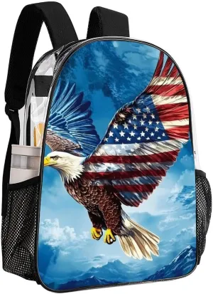Men Women Lightweight American Flag Eagle Backpack Large Capacity Carry On Bag Transparent Bag for Sports Work Walking Cycling