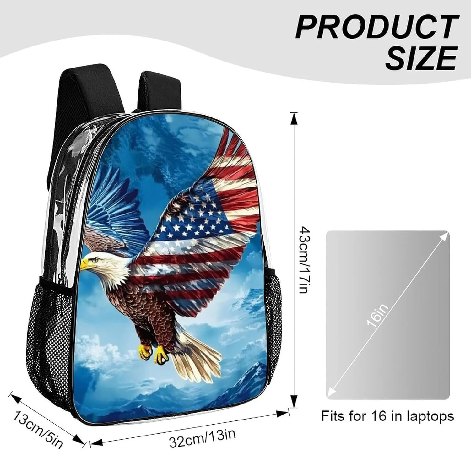 Men Women Lightweight American Flag Eagle Backpack Large Capacity Carry On Bag Transparent Bag for Sports Work Walking Cycling