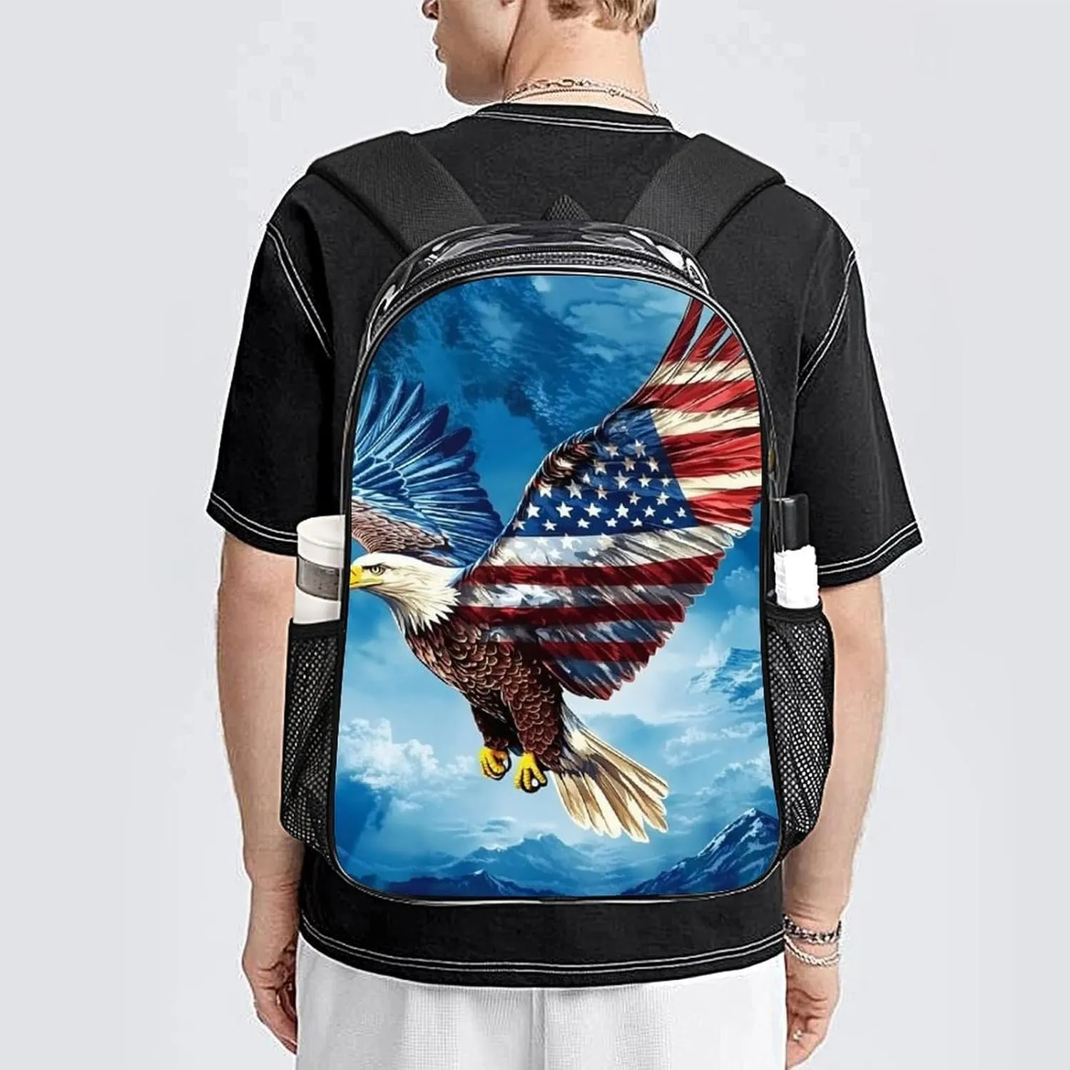 Men Women Lightweight American Flag Eagle Backpack Large Capacity Carry On Bag Transparent Bag for Sports Work Walking Cycling