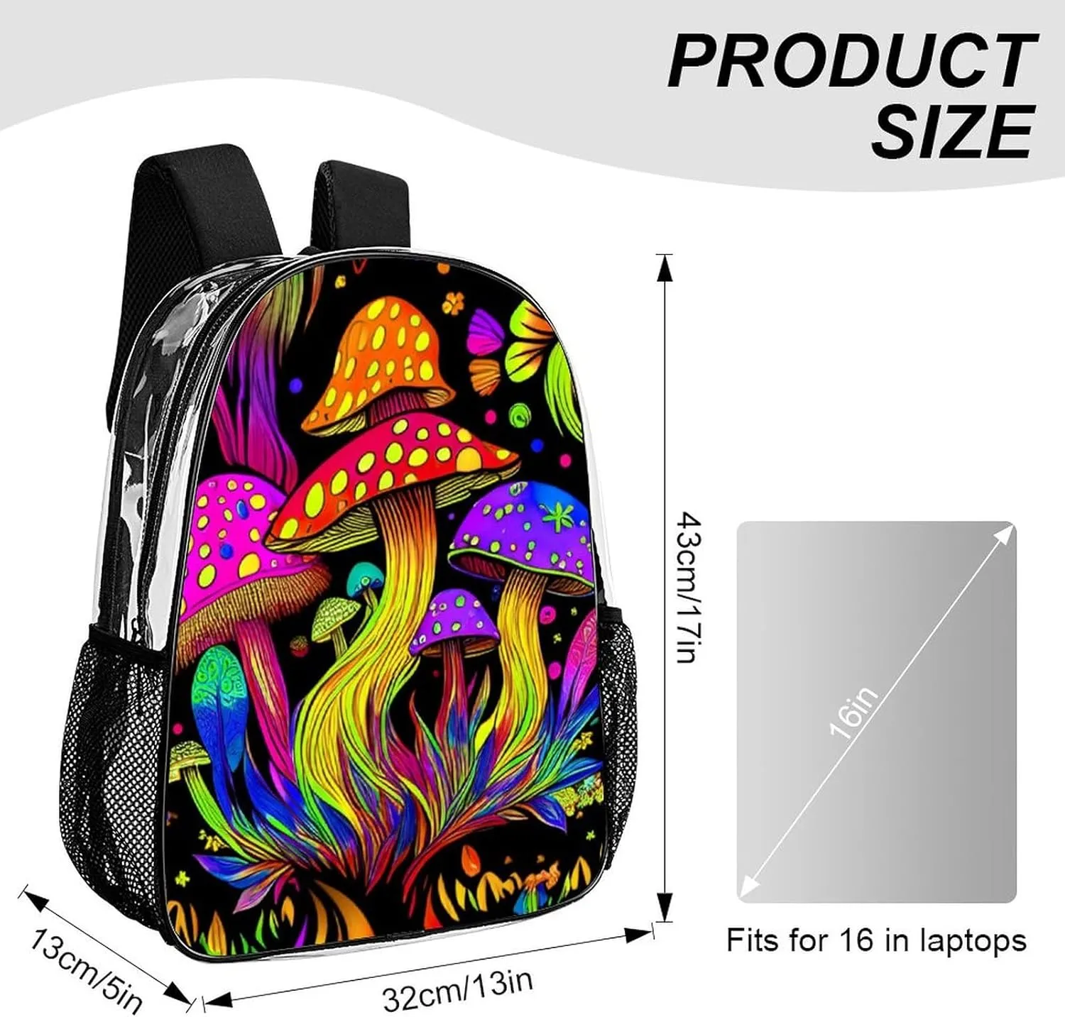 Men Women Lightweight Psychedelic Mushroom Trippy Magic Art Daypack Bookbag Big Capacity Carry On Bag Transparent Bag for Camping Travel Bicycle