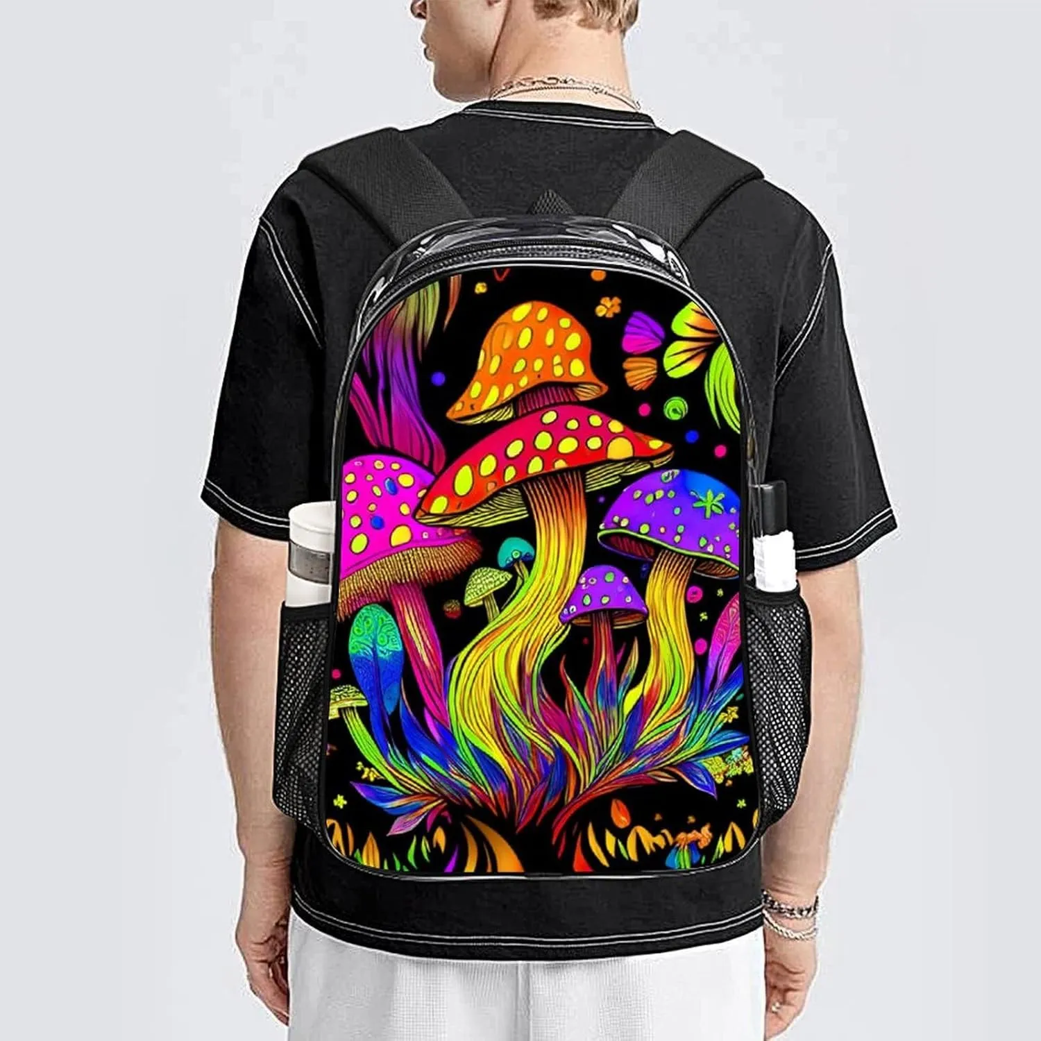 Men Women Lightweight Psychedelic Mushroom Trippy Magic Art Daypack Bookbag Big Capacity Carry On Bag Transparent Bag for Camping Travel Bicycle
