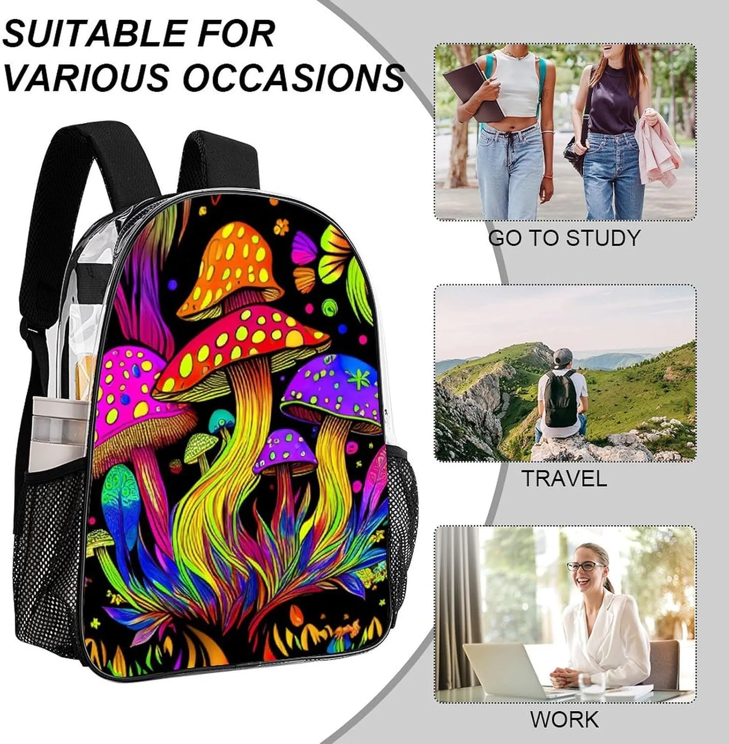 Men Women Lightweight Psychedelic Mushroom Trippy Magic Art Daypack Bookbag Big Capacity Carry On Bag Transparent Bag for Camping Travel Bicycle