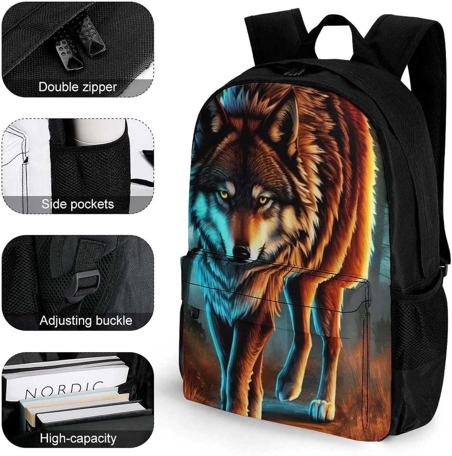 Men Women Polyester Wolf Glare Art Daypack Backpack Large Capacity Carry On Bag With Smooth Zippers for Hiking Picnic Walking Cycling