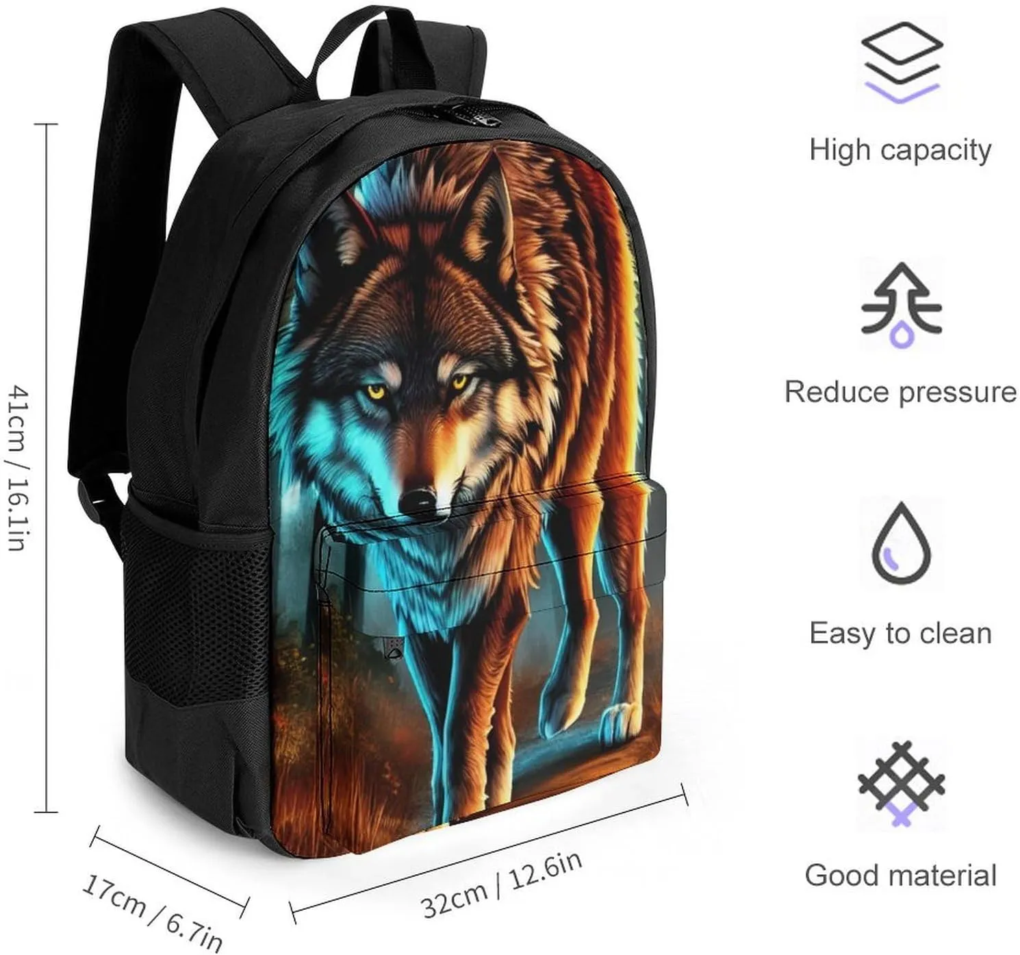 Men Women Polyester Wolf Glare Art Daypack Backpack Large Capacity Carry On Bag With Smooth Zippers for Hiking Picnic Walking Cycling