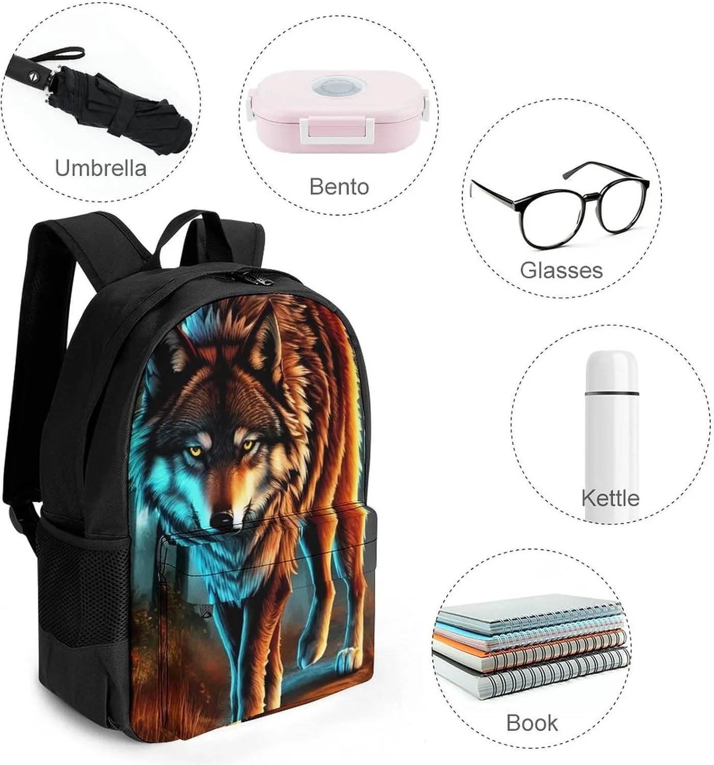 Men Women Polyester Wolf Glare Art Daypack Backpack Large Capacity Carry On Bag With Smooth Zippers for Hiking Picnic Walking Cycling