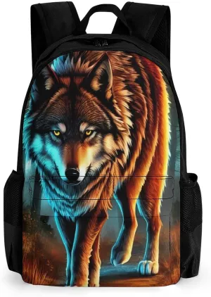 Men Women Polyester Wolf Glare Art Daypack Backpack Large Capacity Carry On Bag With Smooth Zippers for Hiking Picnic Walking Cycling
