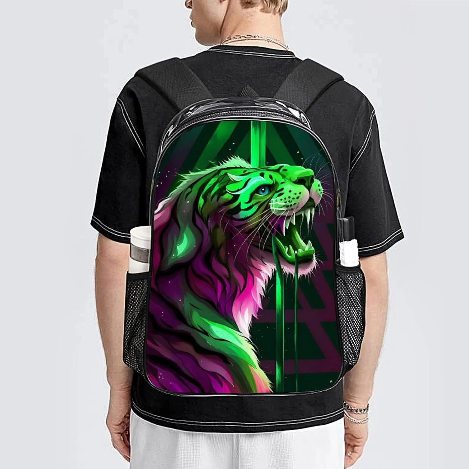 Men Women Transparent Angry Tiger Rainbow Animal Magic Art Daypack Big Capacity Shoulder Bag With Adjustable Shoulder Straps for Camping Travel Walking Cycling
