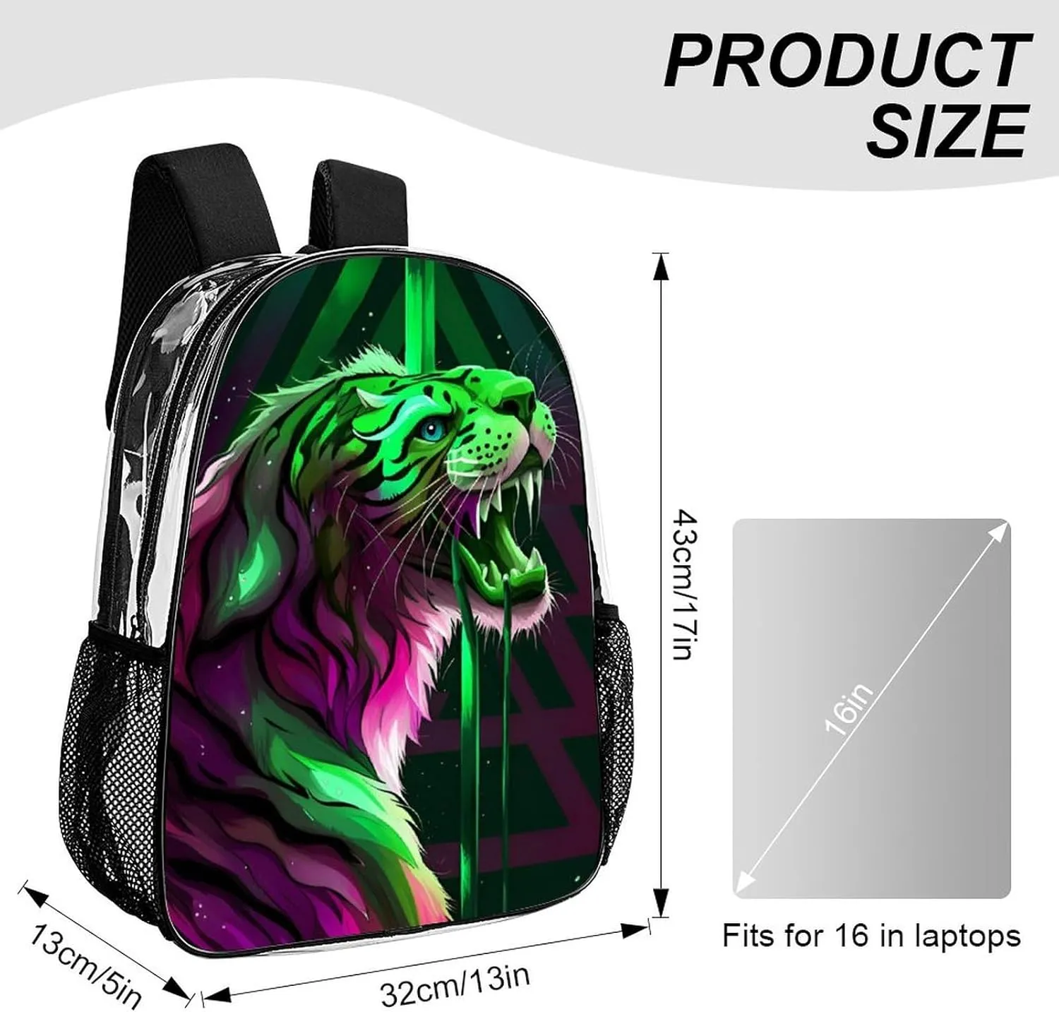 Men Women Transparent Angry Tiger Rainbow Animal Magic Art Daypack Big Capacity Shoulder Bag With Adjustable Shoulder Straps for Camping Travel Walking Cycling
