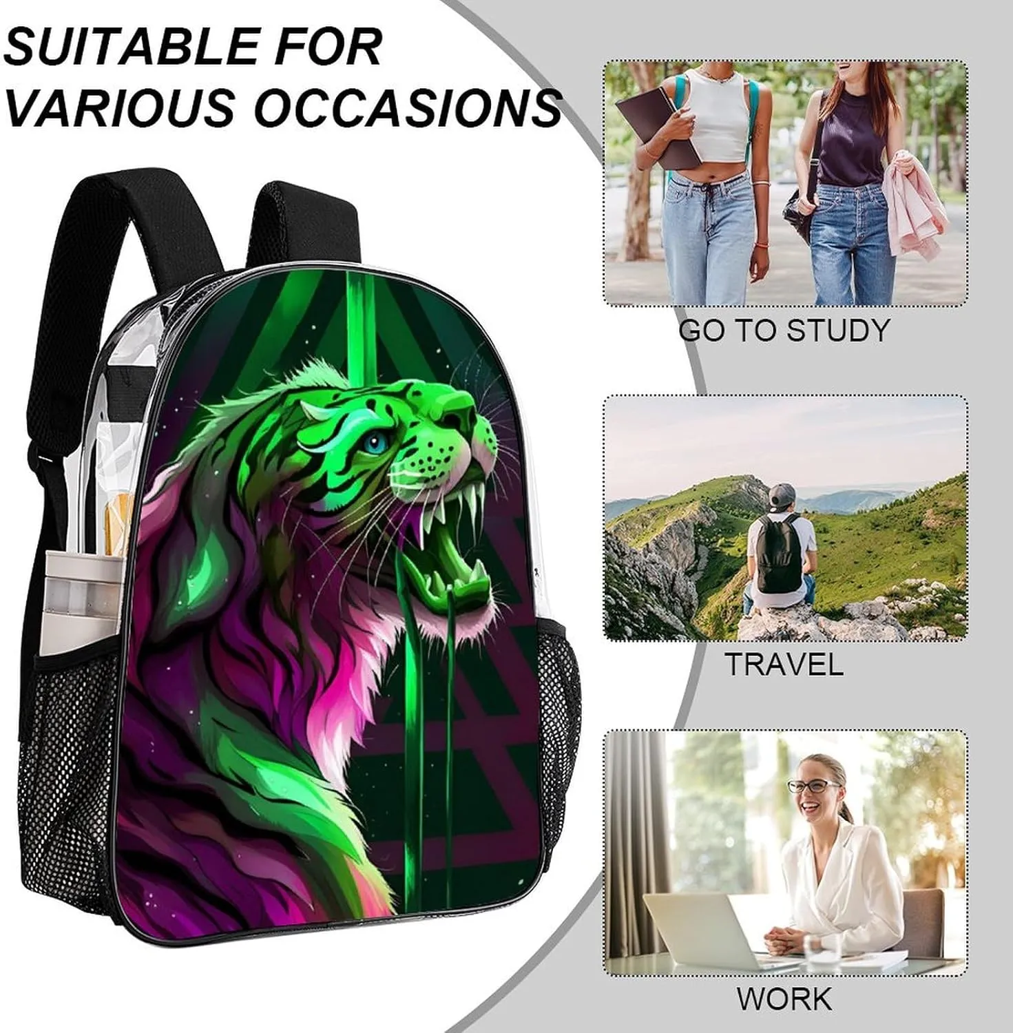 Men Women Transparent Angry Tiger Rainbow Animal Magic Art Daypack Big Capacity Shoulder Bag With Adjustable Shoulder Straps for Camping Travel Walking Cycling