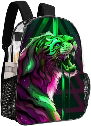 Men Women Transparent Angry Tiger Rainbow Animal Magic Art Daypack Big Capacity Shoulder Bag With Adjustable Shoulder Straps for Camping Travel Walking Cycling