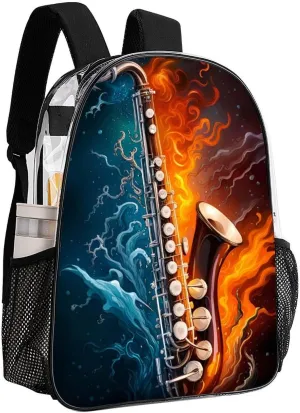 Men Women Transparent Saxophone In Fire And Water Art Casual Daypack Large Capacity Carry On Bag With Adjustable Shoulder Straps for Camping Work Running