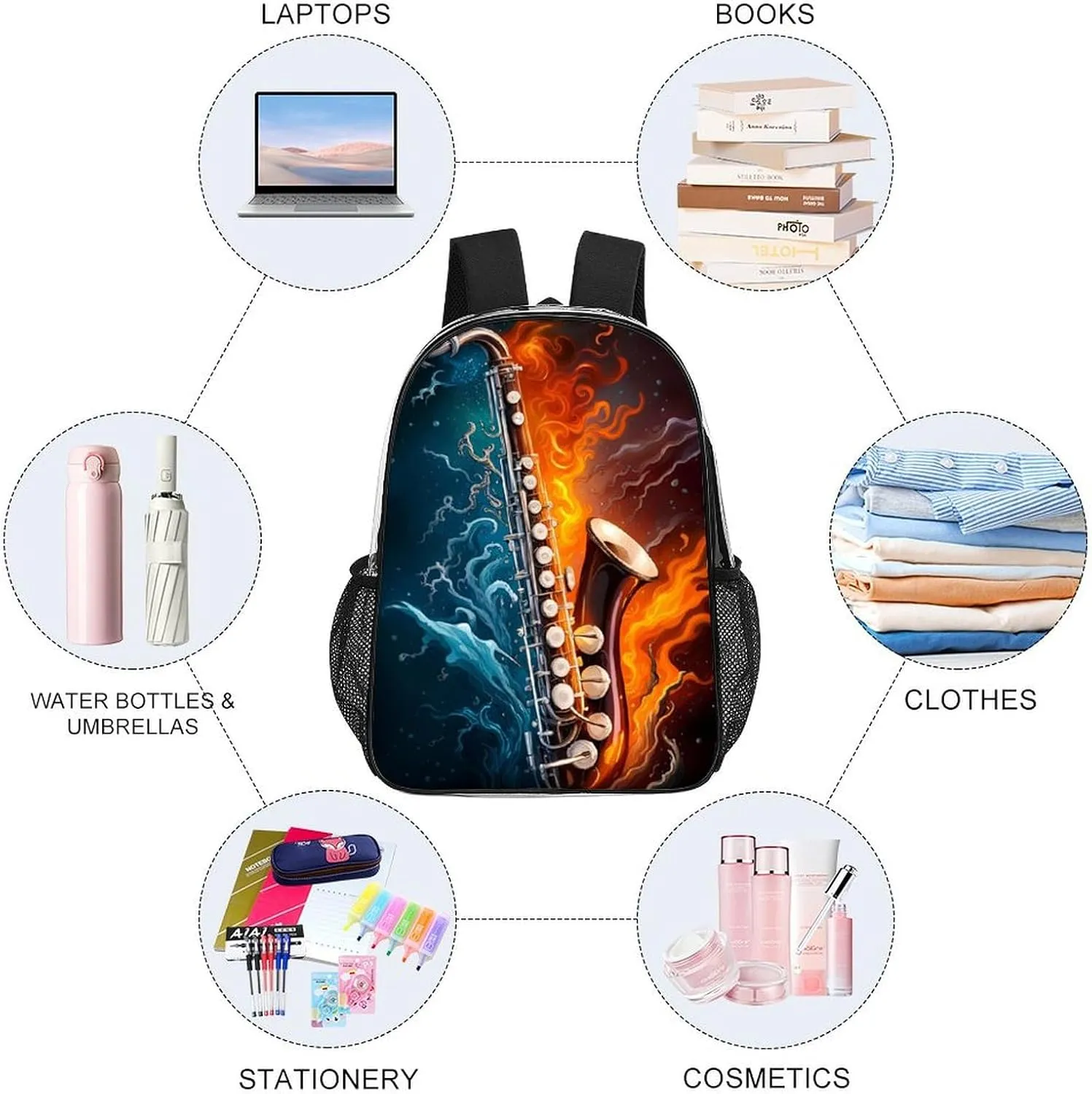 Men Women Transparent Saxophone In Fire And Water Art Casual Daypack Large Capacity Carry On Bag With Adjustable Shoulder Straps for Camping Work Running