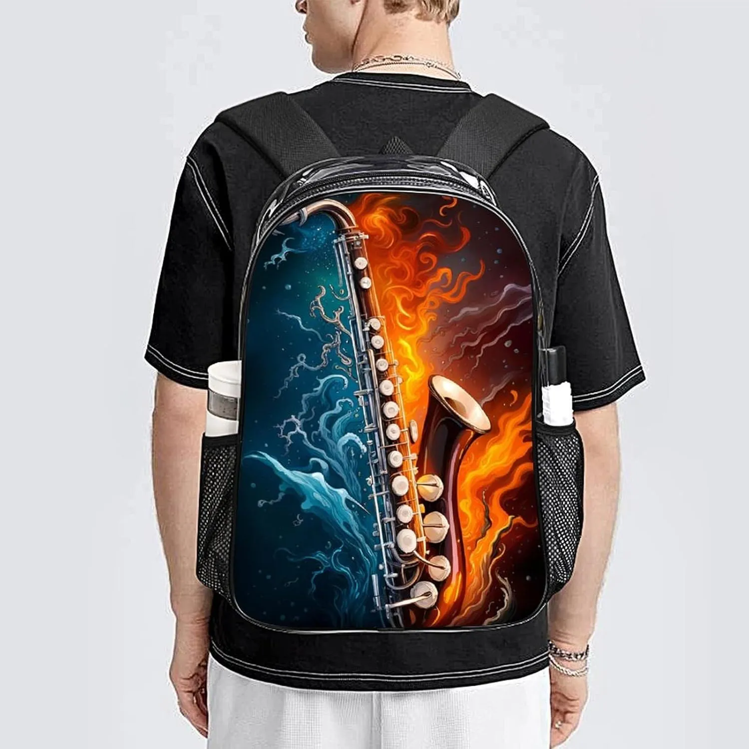Men Women Transparent Saxophone In Fire And Water Art Casual Daypack Large Capacity Carry On Bag With Adjustable Shoulder Straps for Camping Work Running