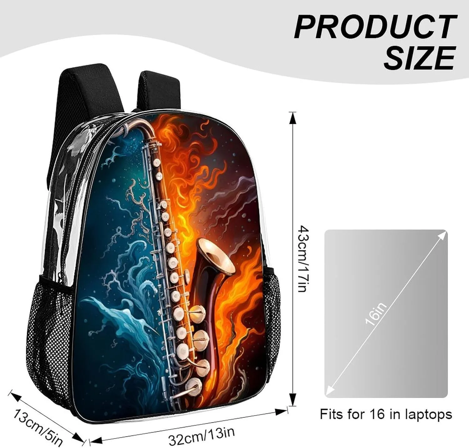 Men Women Transparent Saxophone In Fire And Water Art Casual Daypack Large Capacity Carry On Bag With Adjustable Shoulder Straps for Camping Work Running