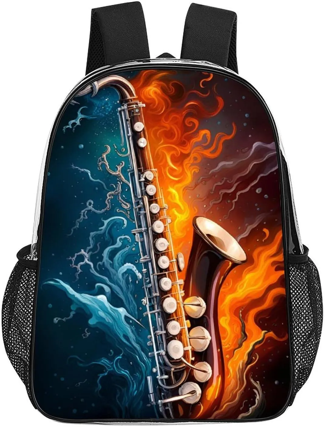 Men Women Transparent Saxophone In Fire And Water Art Casual Daypack Large Capacity Carry On Bag With Adjustable Shoulder Straps for Camping Work Running