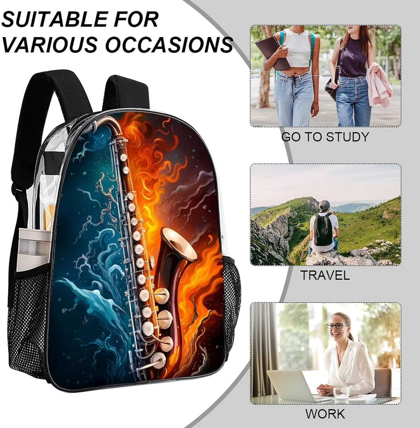 Men Women Transparent Saxophone In Fire And Water Art Casual Daypack Large Capacity Carry On Bag With Adjustable Shoulder Straps for Camping Work Running