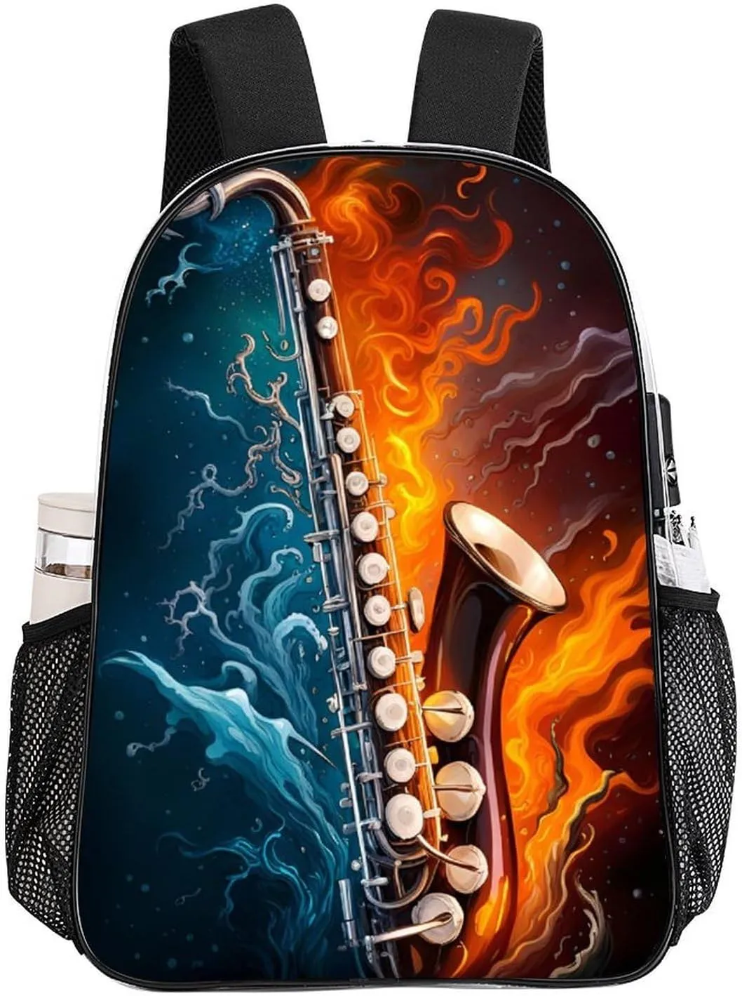 Men Women Transparent Saxophone In Fire And Water Art Casual Daypack Large Capacity Carry On Bag With Adjustable Shoulder Straps for Camping Work Running