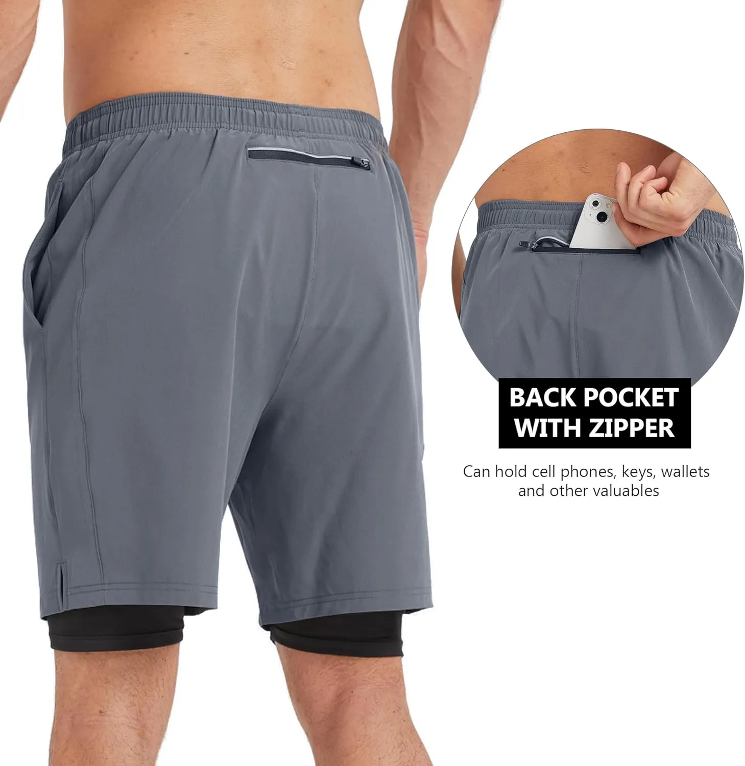 Men's 2-in-1 Athletic Running Shorts 7" Dry Fit Workout Gym Outdoor Sports Wear with Multiple Pockets Training Short