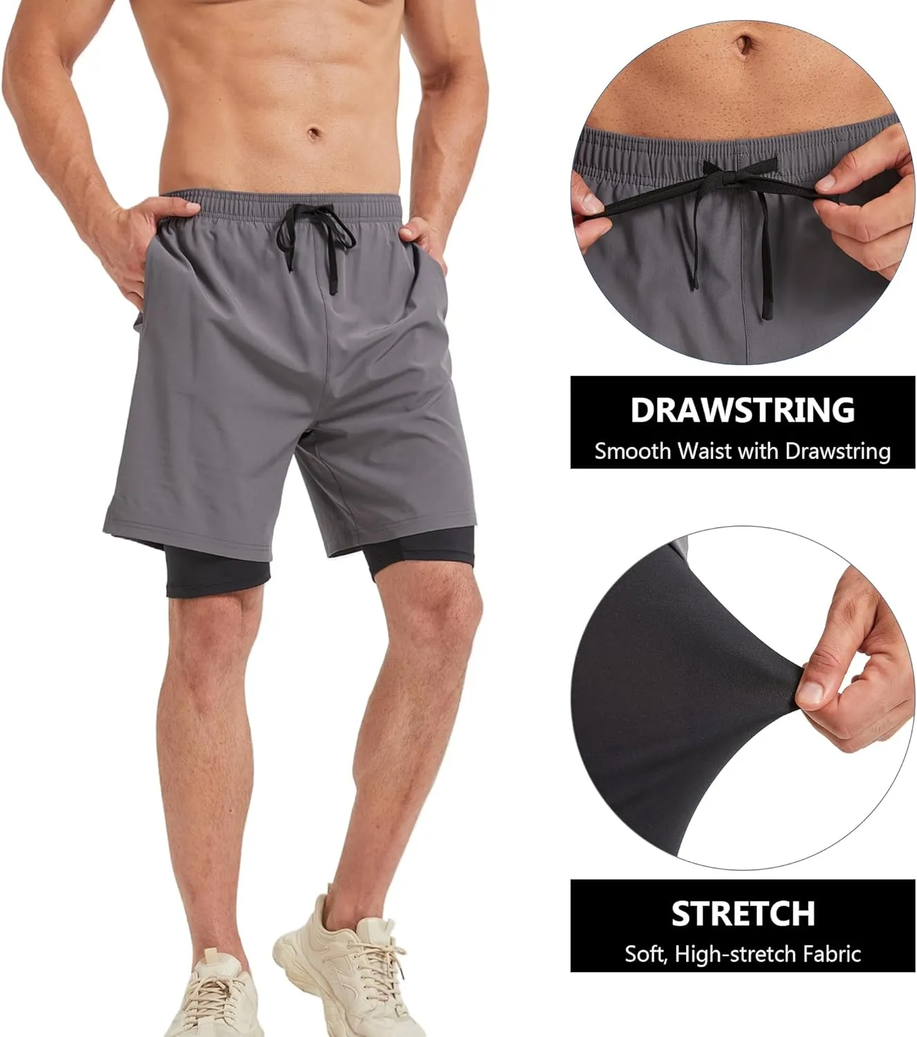 Men's 2-in-1 Athletic Running Shorts 7" Dry Fit Workout Gym Outdoor Sports Wear with Multiple Pockets Training Short