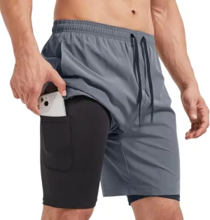 Men's 2-in-1 Athletic Running Shorts 7" Dry Fit Workout Gym Outdoor Sports Wear with Multiple Pockets Training Short