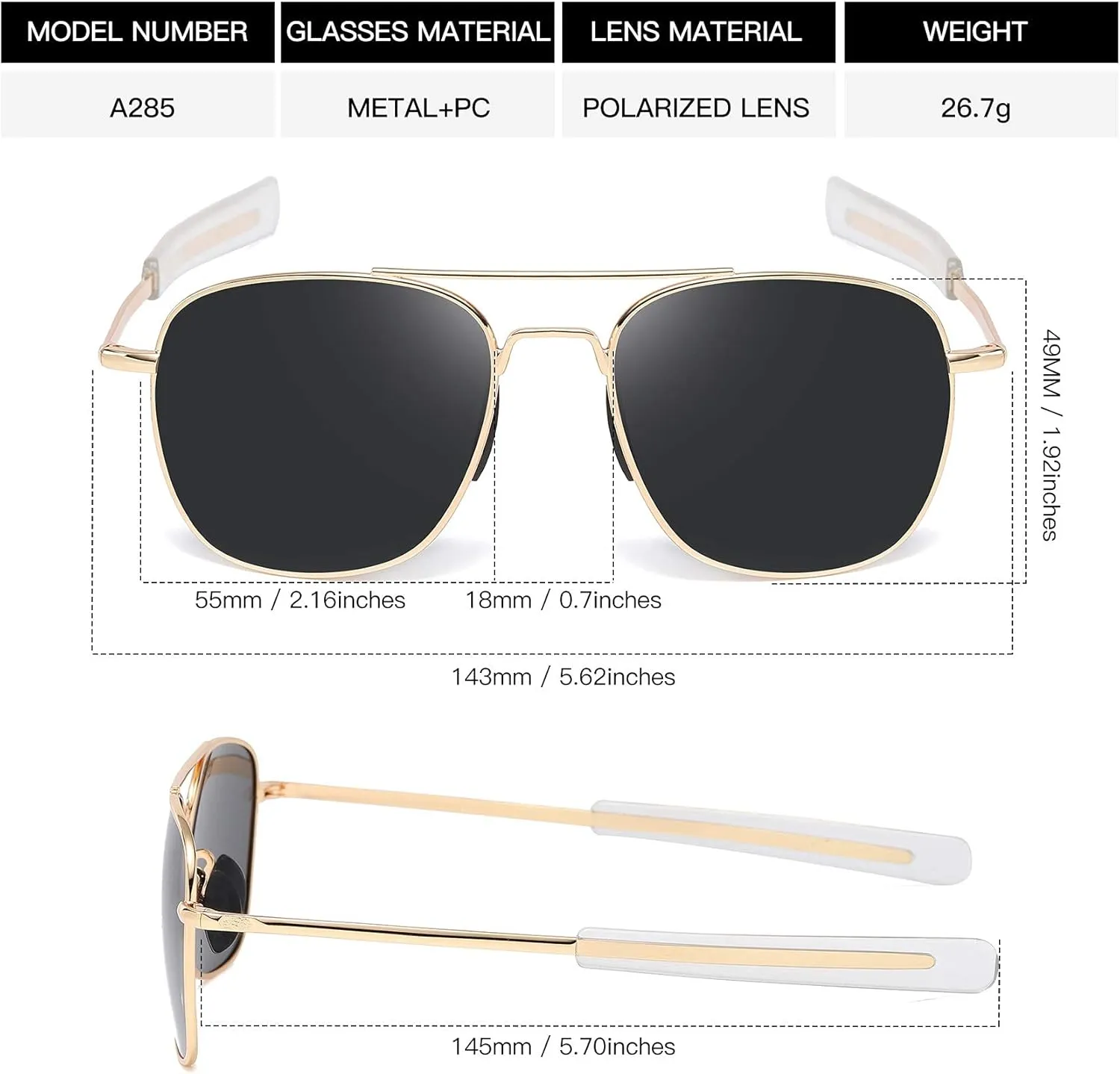 Men's Aviator Sunglasses American Army Military Pilot Polarized Sunglasses Bayonet Temples