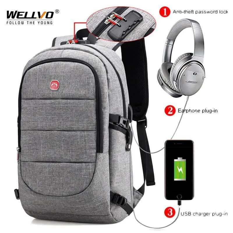 Men's External USB Charging Backpack &amp; Headphone Plug - Anti Theft - Large Laptop Bag