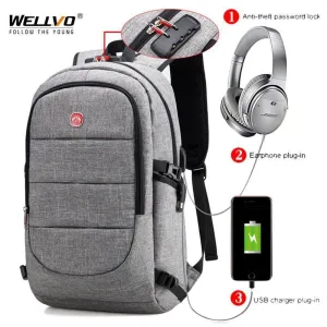 Men's External USB Charging Backpack &amp; Headphone Plug - Anti Theft - Large Laptop Bag