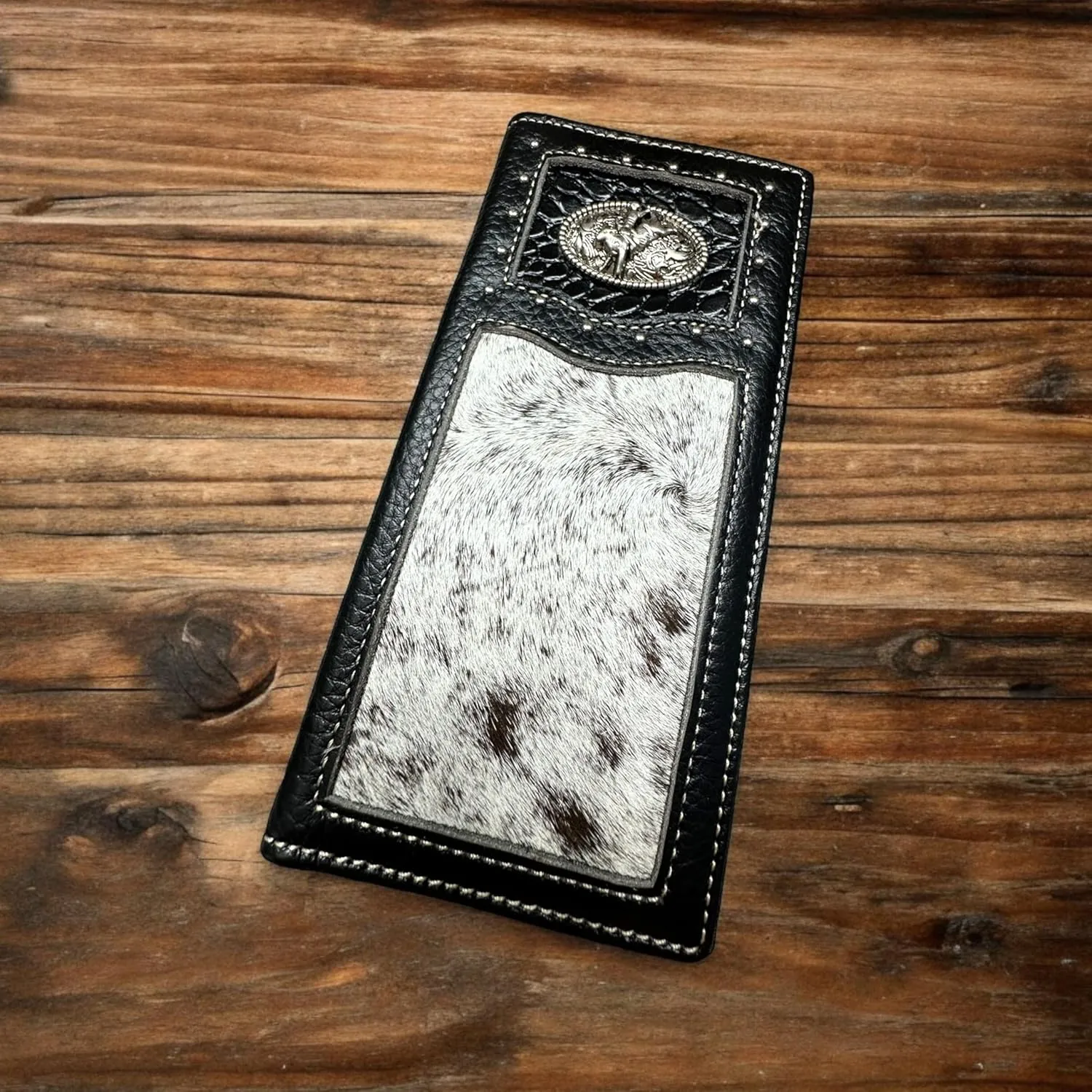 Men's Leather Long Wallet Bull Rider Rodeo Concho Bifold Cow Hair Checkbook Style Cowboy Hand Crafted High-End Wallet Gift for Men (Black), WS001