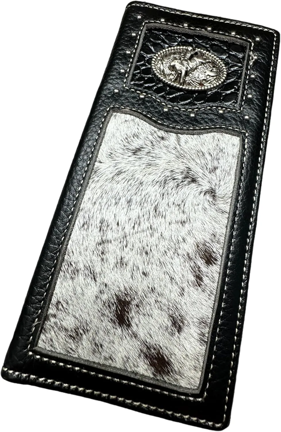 Men's Leather Long Wallet Bull Rider Rodeo Concho Bifold Cow Hair Checkbook Style Cowboy Hand Crafted High-End Wallet Gift for Men (Black), WS001