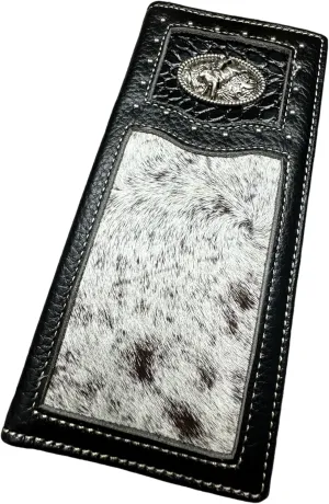 Men's Leather Long Wallet Bull Rider Rodeo Concho Bifold Cow Hair Checkbook Style Cowboy Hand Crafted High-End Wallet Gift for Men (Black), WS001