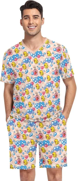 Mens Pajamas Set Summer Yellow Rubber Duck Short Sleeve Soft Lounge With Pockets