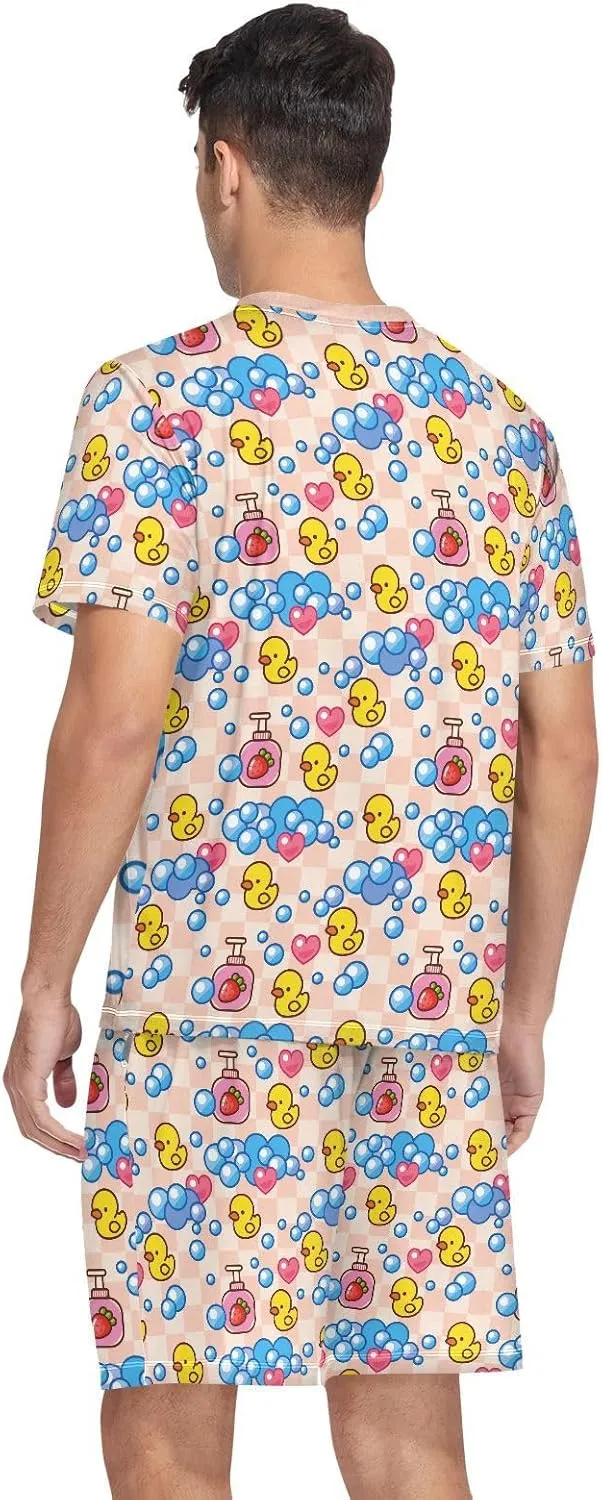 Mens Pajamas Set Summer Yellow Rubber Duck Short Sleeve Soft Lounge With Pockets