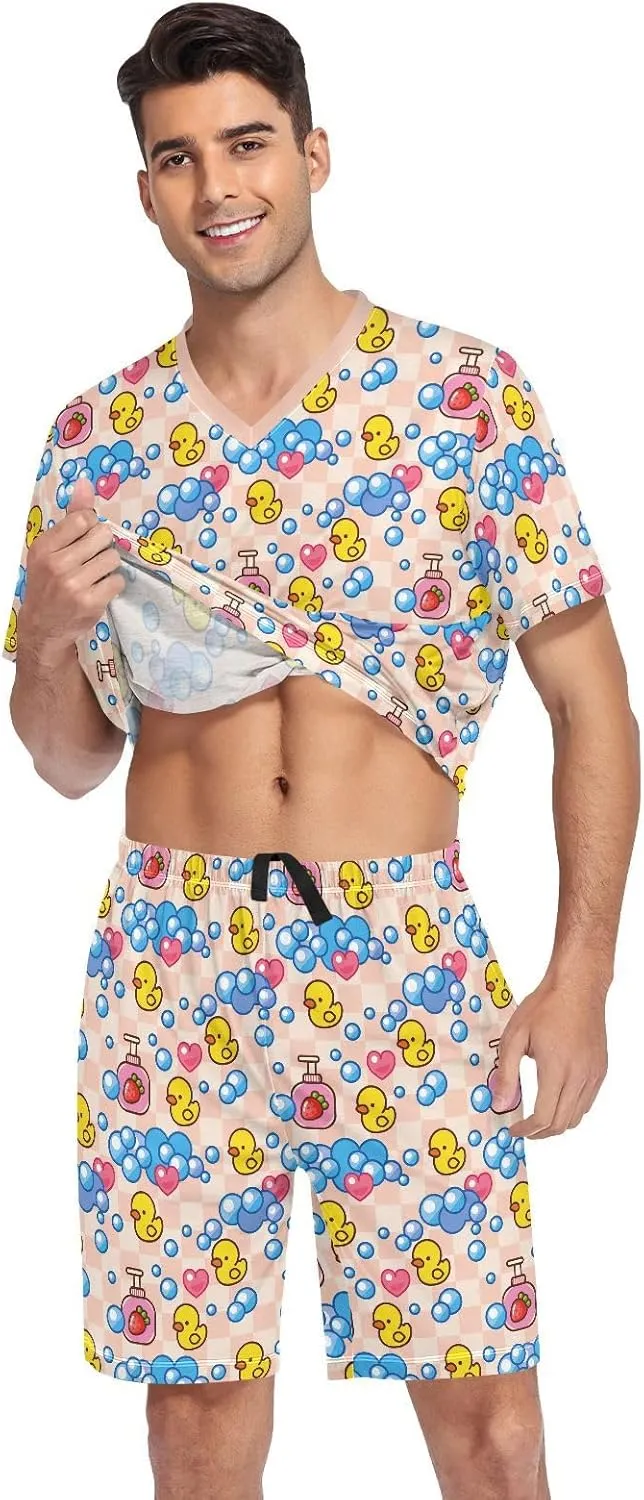 Mens Pajamas Set Summer Yellow Rubber Duck Short Sleeve Soft Lounge With Pockets